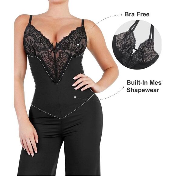 Popilush Shapewear Lace Deep V-Neck Sculpting Wide Leg Jumpsuit Sz XXL - Picture 3 of 9